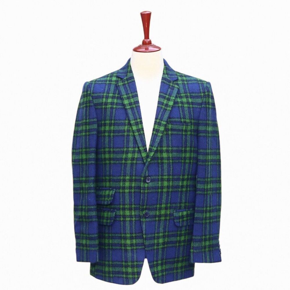 Mens Blazer Plaid Blue Green Lambswool Formal Suit Jacket Wedding Sport Coat 42R
